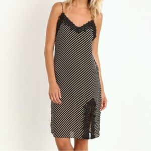 NWOT Line & Dot Women Small Gwen Midi Graphite Stripe Lace‎ Trim Y2K Slip Dress